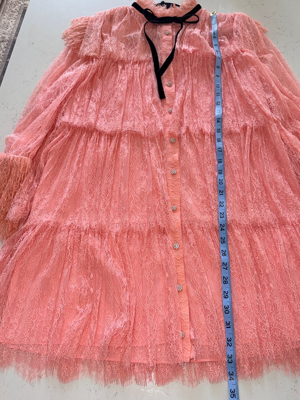 Alice + Olivia Sheer Tiered Lace Mini Dress in Blush Pink with Black Velvet Bow - Picture 13 of 13